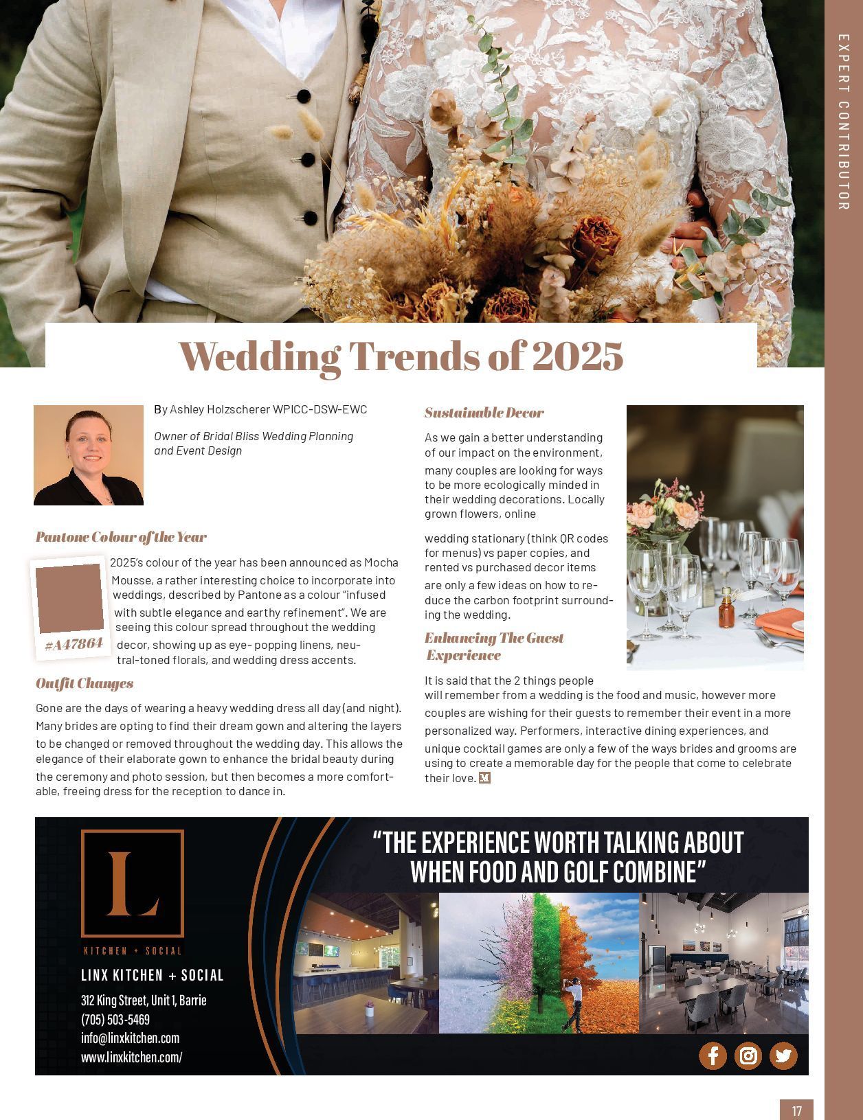 Wedding trends article with bride and floral table settings in warm beige tones