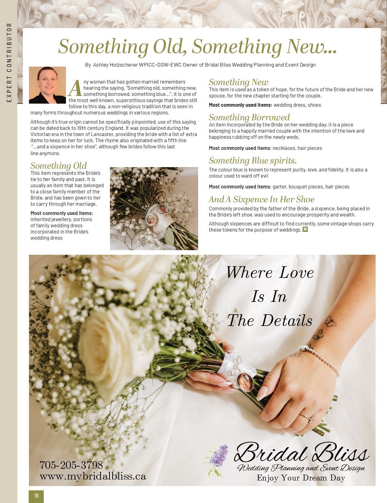 Wedding inspiration collage with beige flowers, rings, and bridal details, titled “Something Old, Something New”