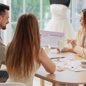 Three people discuss wedding dress designs at a table, with a white dress displayed in the background.