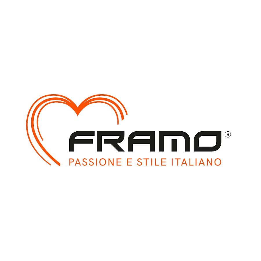 Logo FRAMO con contorno a forma di cuore arancione e scritta “Passione e Stile Italiano” su sfondo bianco.