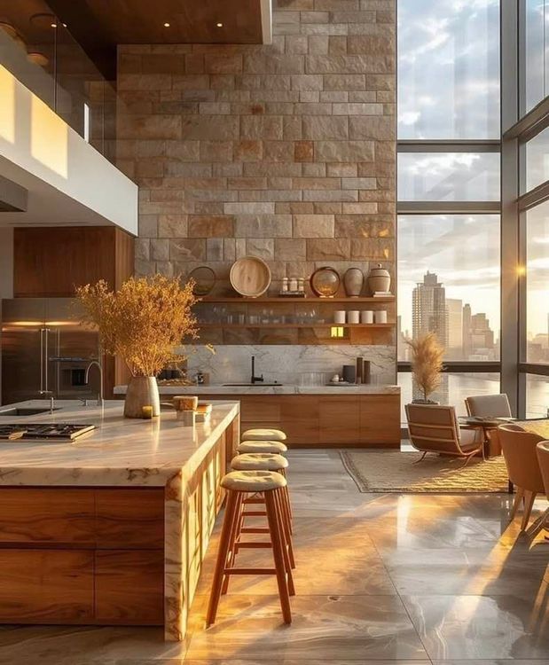Cucina moderna e luminosa con pareti in pietra, isola in legno, sgabelli e vista sulla città attraverso ampie finestre.
