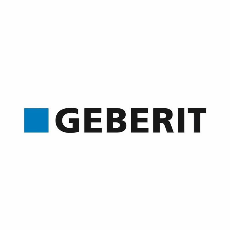 Logo Geberit con icona quadrata blu e scritta nera su sfondo bianco.
