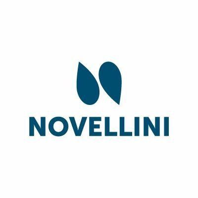 Logo NOVELLINI in blu con due forme astratte a goccia sopra il marchio denominativo