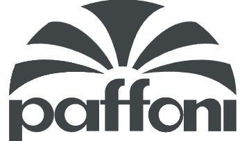 Logo Paffoni in grigio scuro con emblema stilizzato e curvo sopra il marchio denominativo