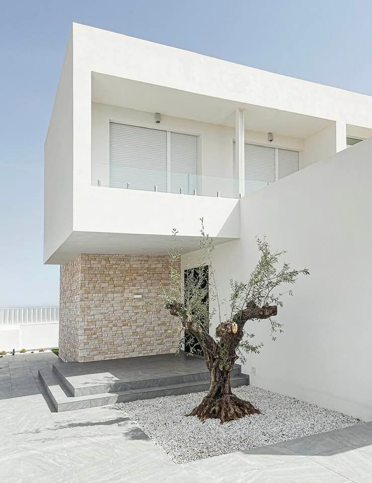Facciata moderna di una casa bianca con muro decorativo in pietra e un piccolo albero in un cortile di ghiaia.