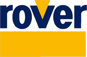 Logo Rover in blu e giallo su sfondo bianco.