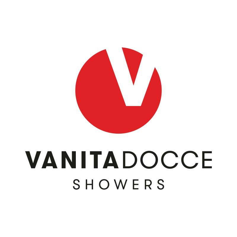 Logo di Vanita Docce Showers con icona circolare a V rossa e testo nero su sfondo bianco.