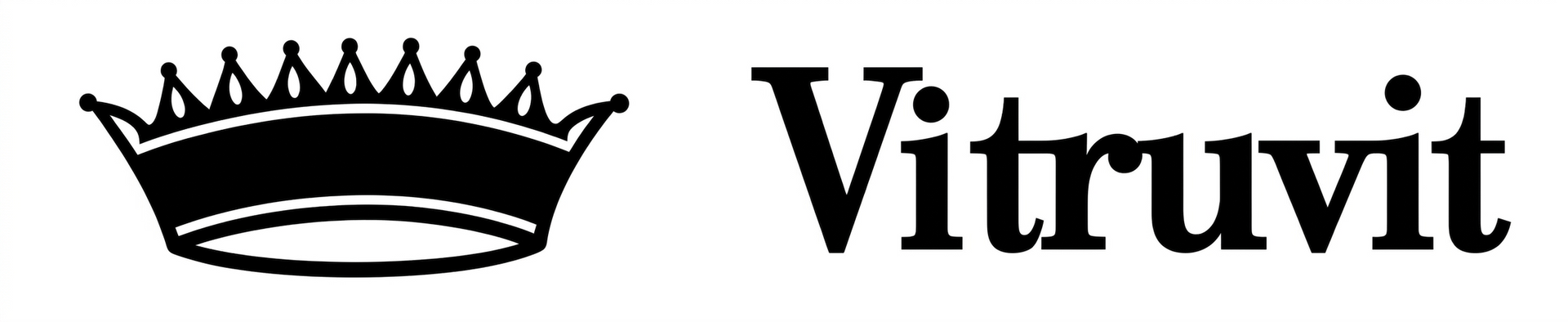 Logo Vitruvit con un'icona a forma di corona nera sopra il nome del marchio in testo nero.