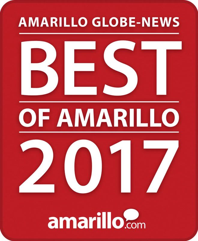Red award badge reading “Amarillo Globe-News Best of Amarillo 2017” with amarillo.com at bottom