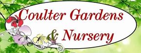 Coulter Gardens & Nursery logo with red script text and floral illustrations on white background