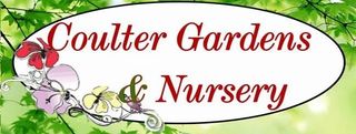 Coulter Gardens & Nursery logo with red script text and floral illustrations on white background