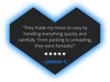 Customer review quote within a blue-glowing heart shape: