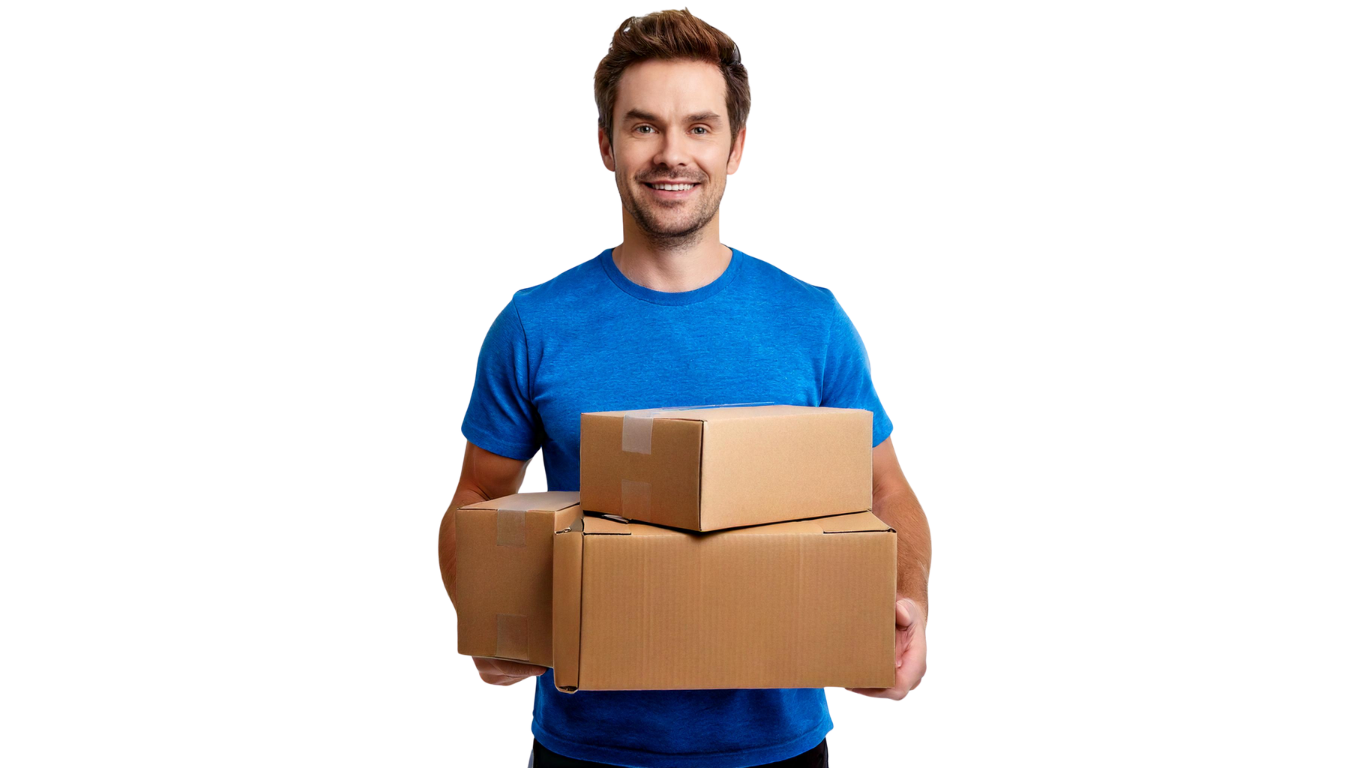 Man in blue shirt smiling, holding stacked cardboard boxes. White background.