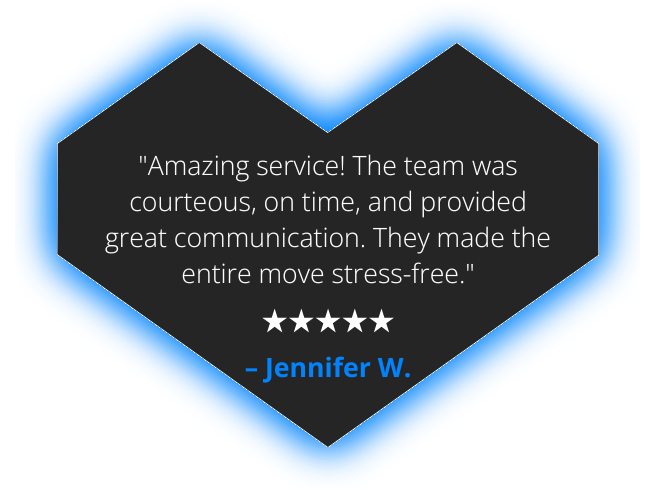 Customer review in a dark heart shape with blue glow: 