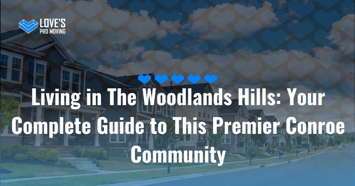 Text overlay on a photo of townhouses, promoting The Woodlands Hills community in Conroe.