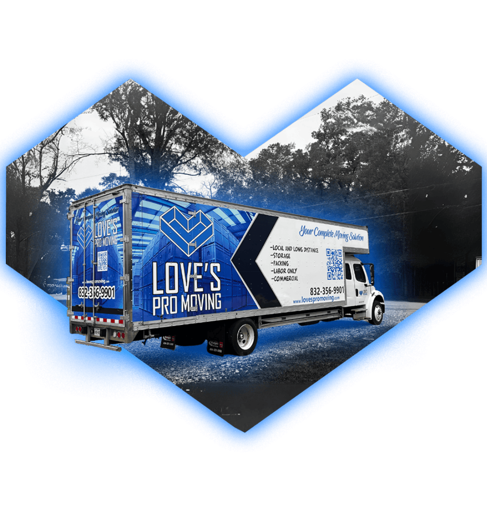 Love's Pro Moving truck on a road; blue and white branding, heart-shaped frame.