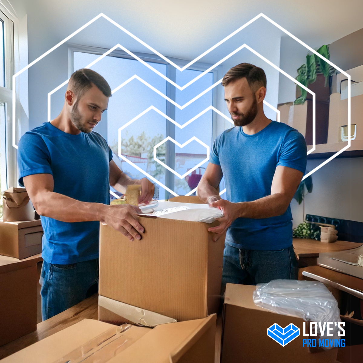 Two men in blue shirts packing boxes in a home, with a heart design overlay.