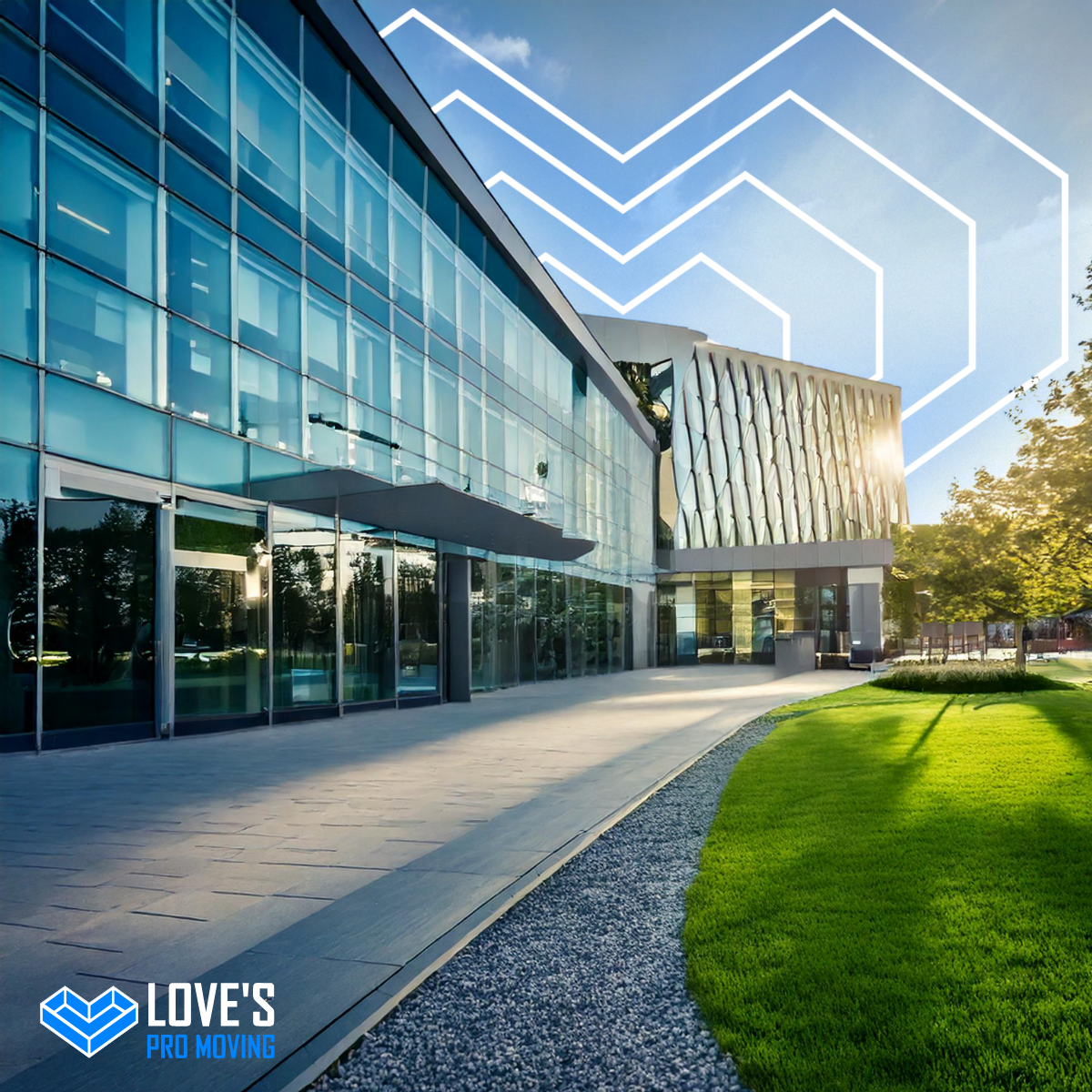 Modern glass building with a walkway, green grass, and geometric line design in the sky.