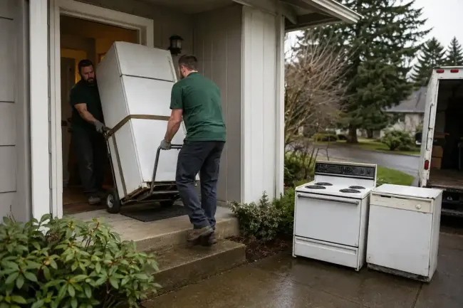 Junk removal crew hauling appliances from a house
