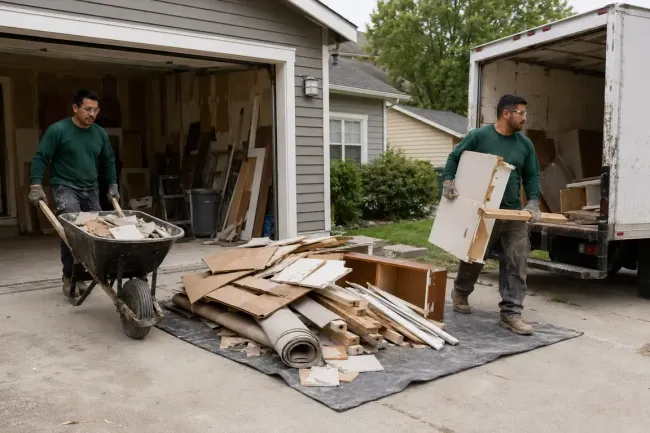 Crew loading drywall, lumber, cabinets, and flooring after a residential renovation