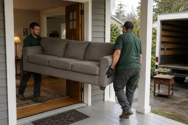 Crew carefully carrying an old sofa out of a residential home
