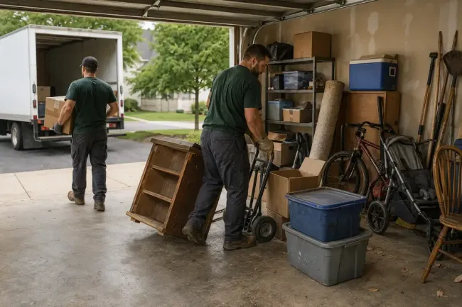 Crew removing boxes, old furniture, and stored items during a residential garage cleanout