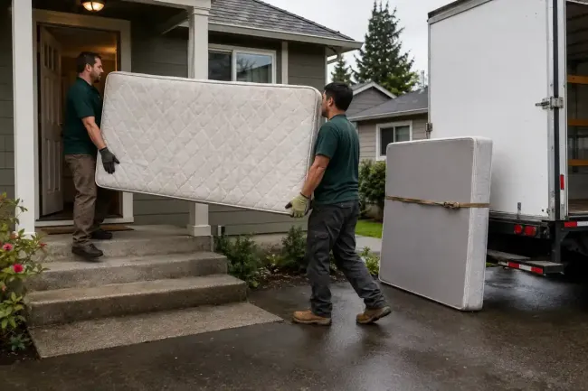 Crew carrying a used mattress from a home toward a removal truck