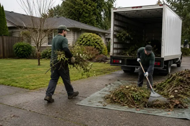 Crew loading branches, brush, leaves, weeds, and grass clippings from a residential yard