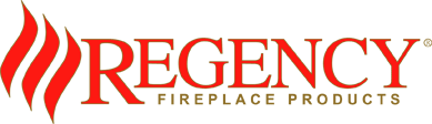 A logo for regency fireplace products with a red flame