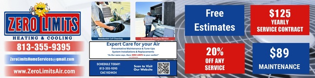 Zero Limits Heating & Cooling advertisement offering free estimates, discounts, and service contracts.