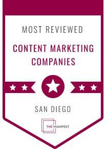 A badge that says most reviewed content marketing companies in san diego.
