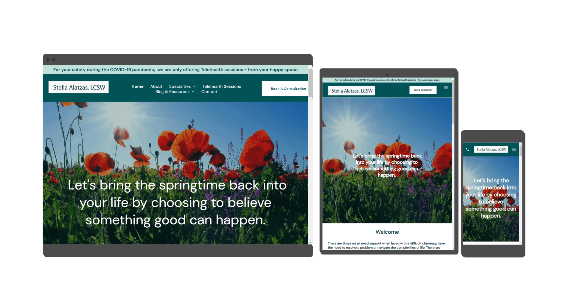 A computer , tablet , and cell phone are displaying a website.