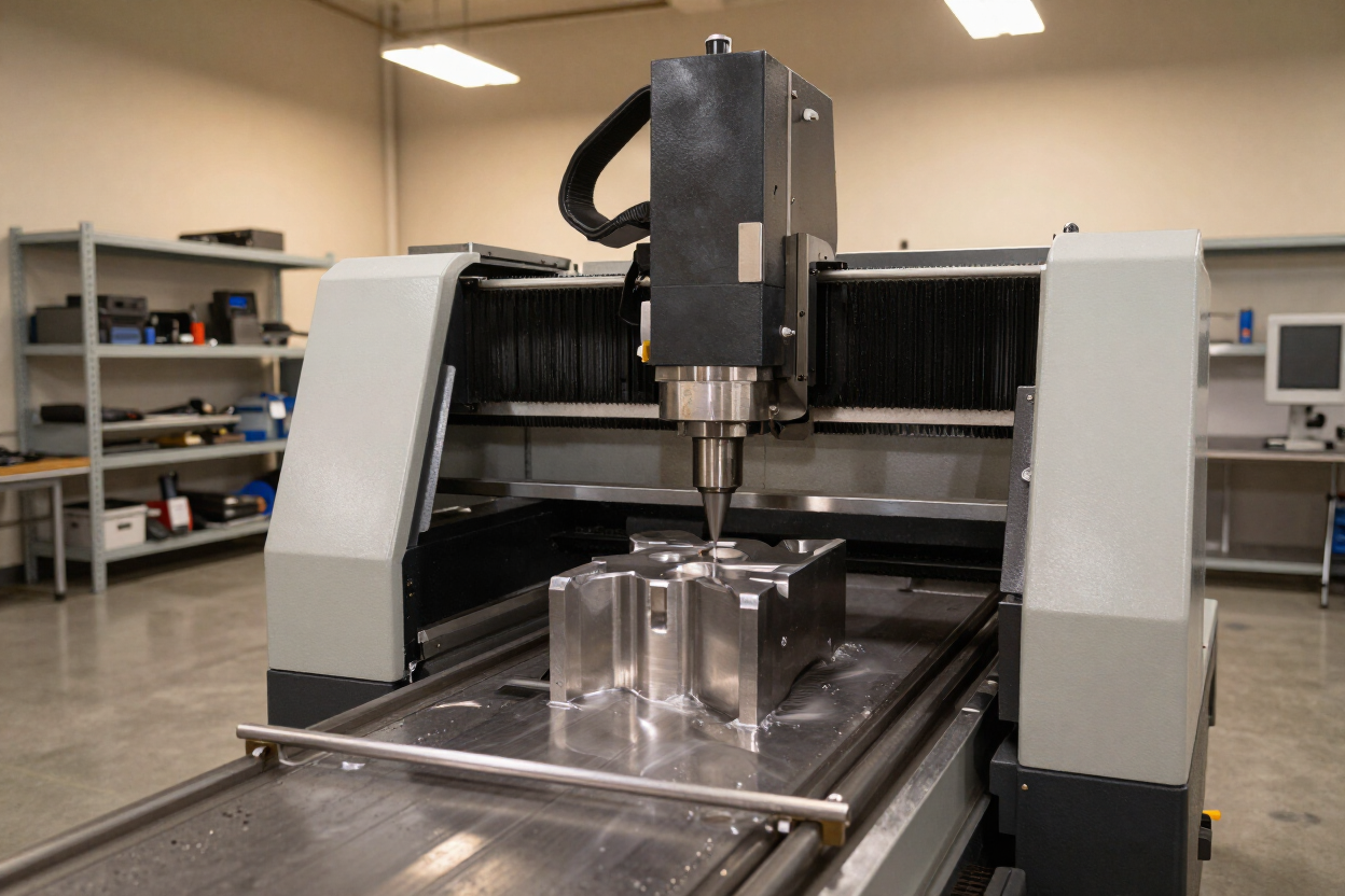 Large CNC milling machine in a workshop, with a metal workpiece on the table. Large CNC milling machine in a workshop, with a metal workpiece on the table.