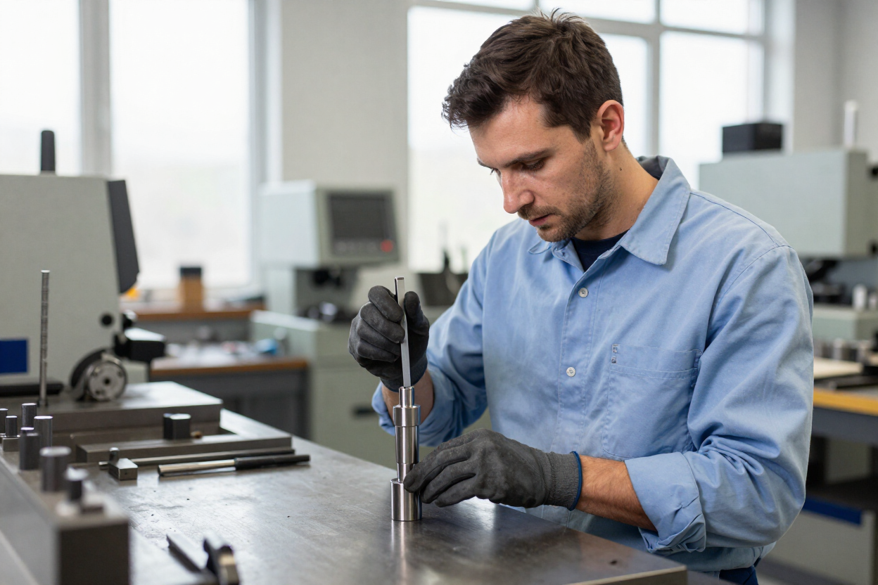 Technician in blue shirt and gloves using a tool at a workbench in a workshop Technician in blue shirt and gloves using a tool at a workbench in a workshop