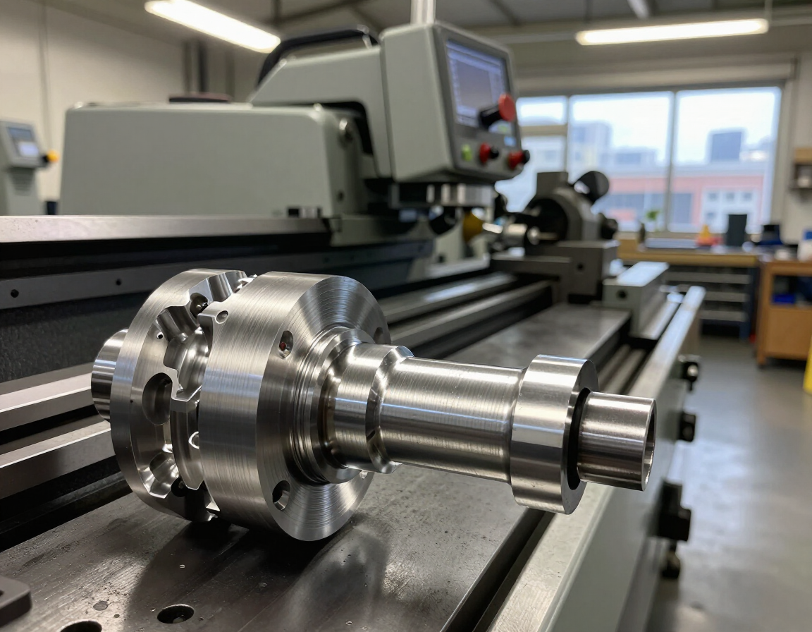 Metal lathe workpiece in a machine shop, with a shiny turned shaft in the foreground. Metal lathe workpiece in a machine shop, with a shiny turned shaft in the foreground.
