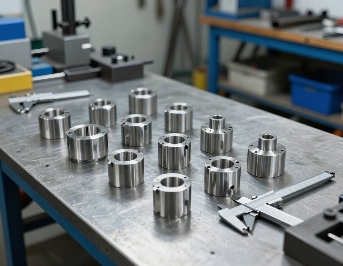 Metal machined parts arranged on a workbench in a workshop, with calipers nearby. Metal machined parts arranged on a workbench in a workshop, with calipers nearby.