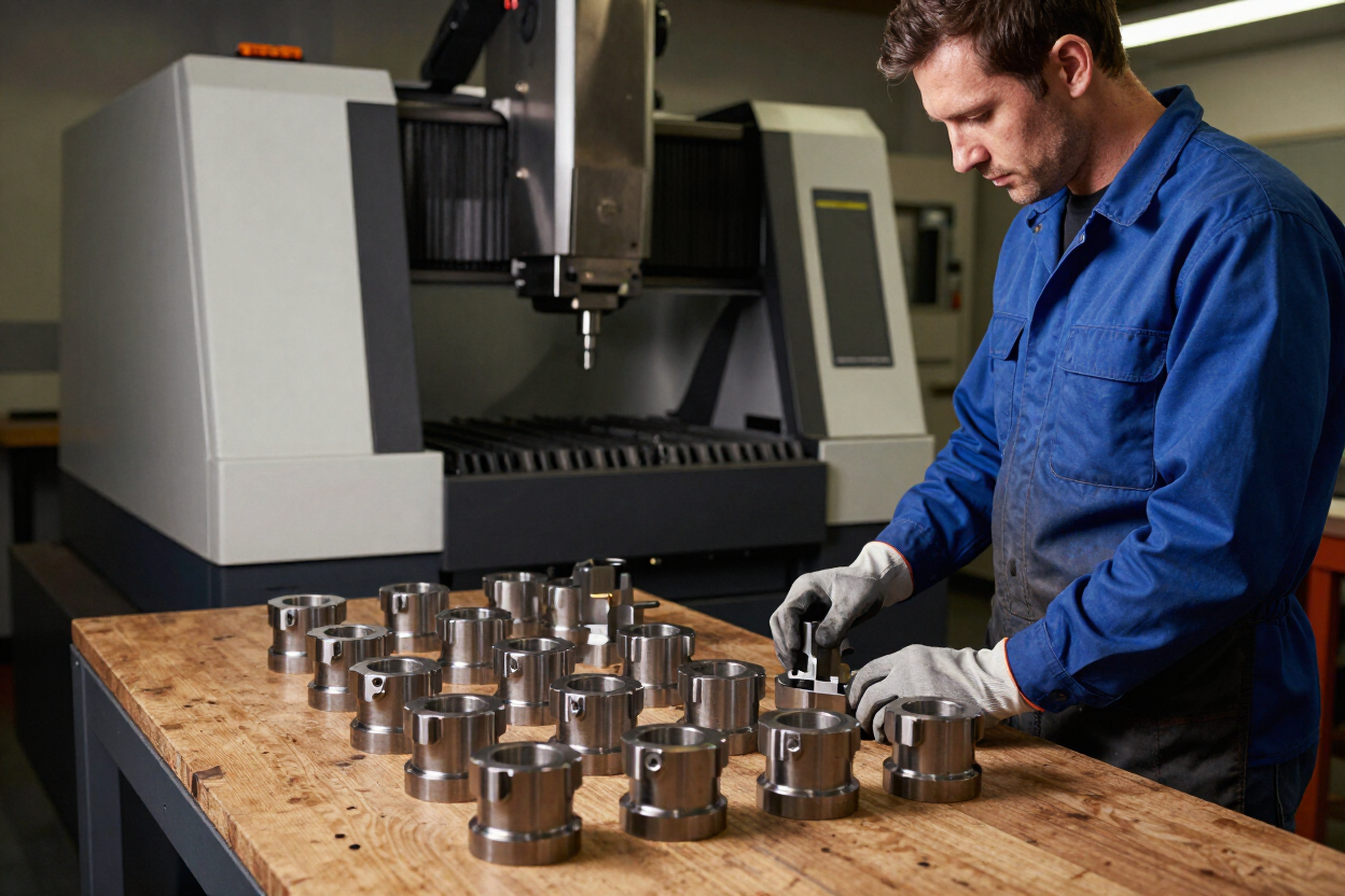 Worker in blue shirt inspecting metal parts beside a CNC machine in a workshop Worker in blue shirt inspecting metal parts beside a CNC machine in a workshop