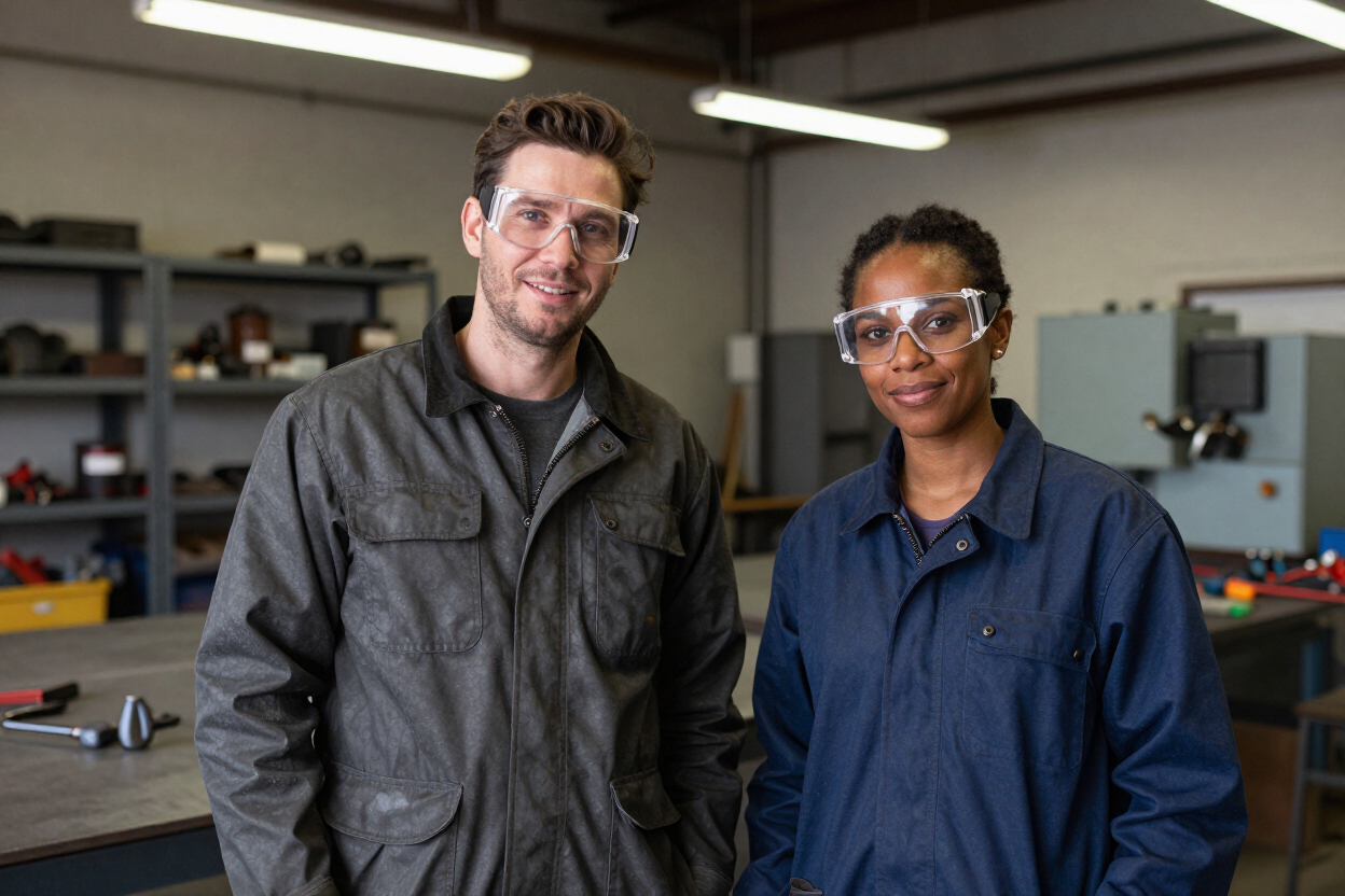 Two people standing in a workshop, wearing safety glasses and work jackets, with tools and shelves behind them Two people standing in a workshop, wearing safety glasses and work jackets, with tools and shelves behind them