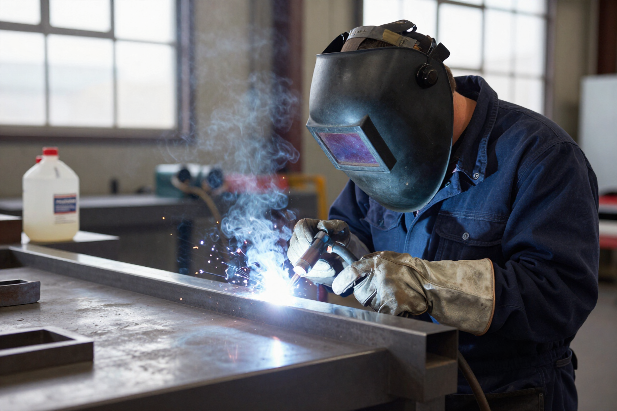 Welder in dark protective gear sparks metal workbench in a workshop Welder in dark protective gear sparks metal workbench in a workshop