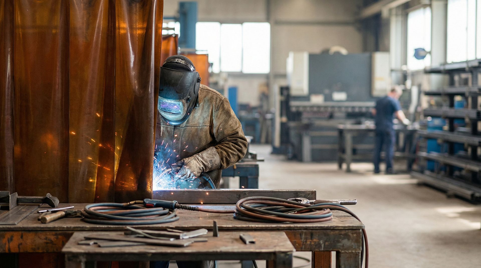 Worker welding metal pipes in a workshop, with blue sparks and industrial equipment in the background Worker welding metal pipes in a workshop, with blue sparks and industrial equipment in the background