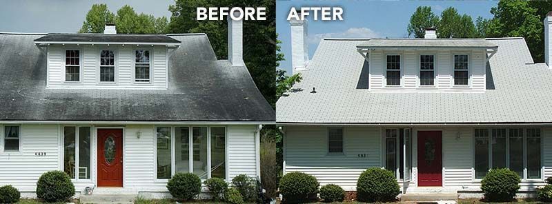 Before and after pressure washing a roof