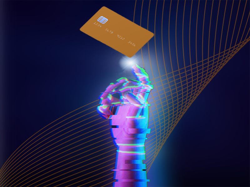 Glowing digital hand reaching up to catch an orange credit card against a dark blue background