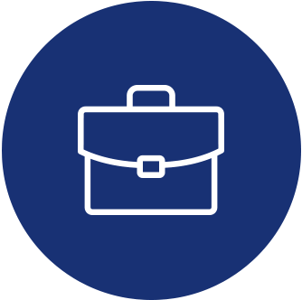 White briefcase icon on a blue circular background
