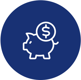 White piggy bank with dollar sign on a blue circle icon.
