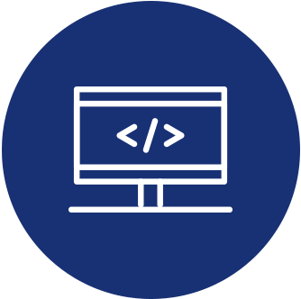 Blue circle with white code monitor icon on a stand