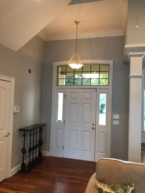 Entryway with white door, sidelights, and overhead light. Gray walls, wood floor, and decorative table.