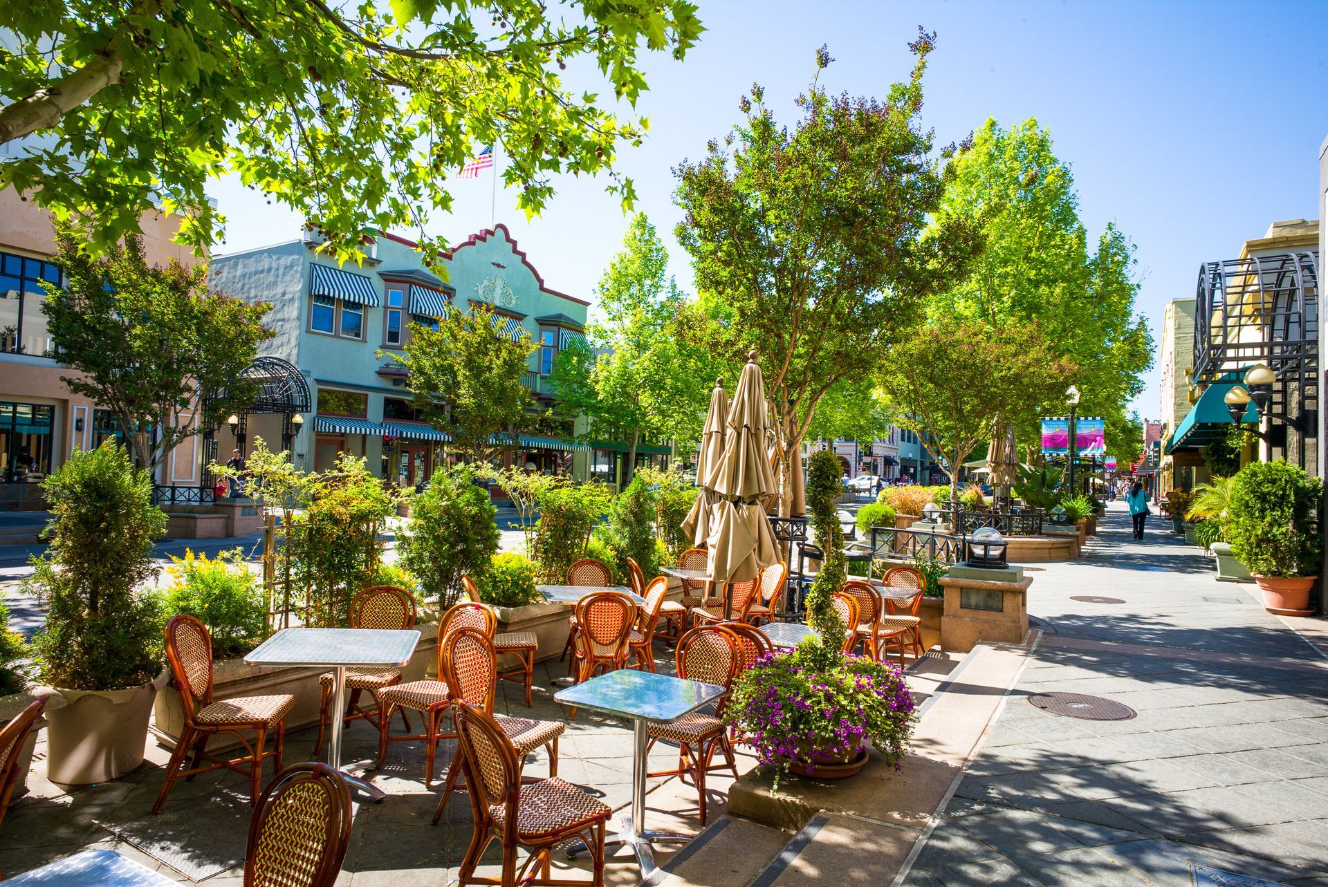 Sunny outdoor café patio with wicker chairs, potted flowers, and trees along a lively pedestrian street.