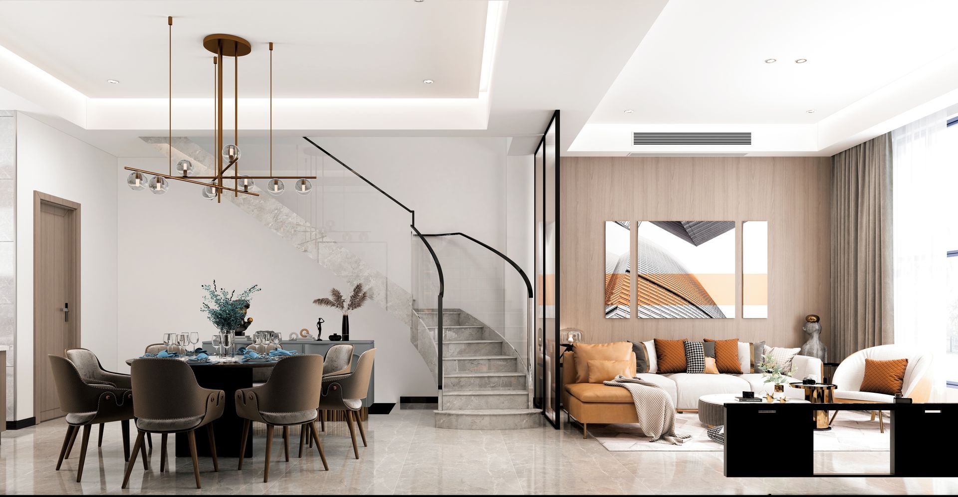 Modern open-concept living-dining room with a spiral staircase, neutral decor, and large windows