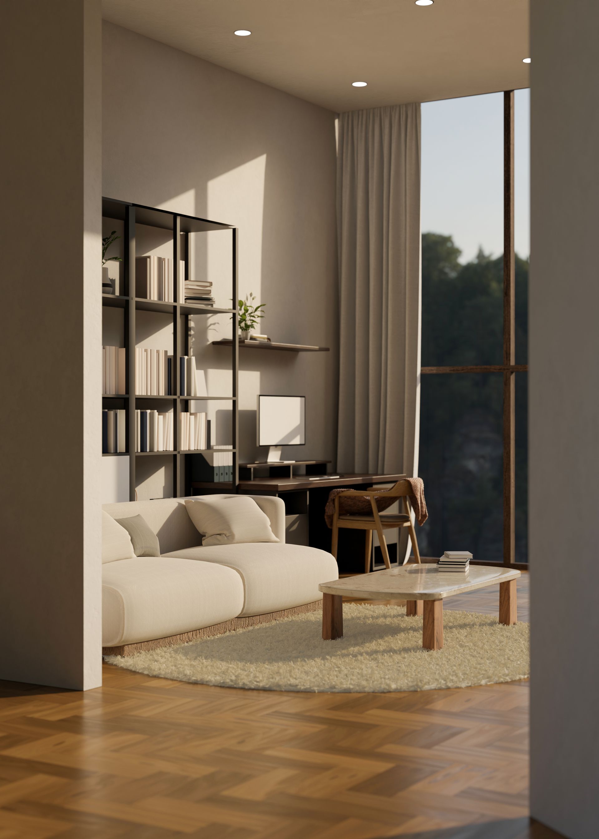 Modern living room with beige sofa, bookshelves, desk, and large sunlit window over a wood floor.