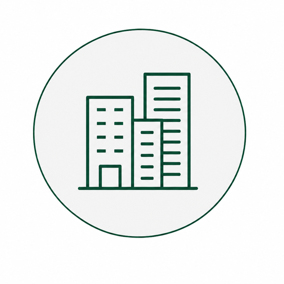 Green line icon of city buildings inside a circle